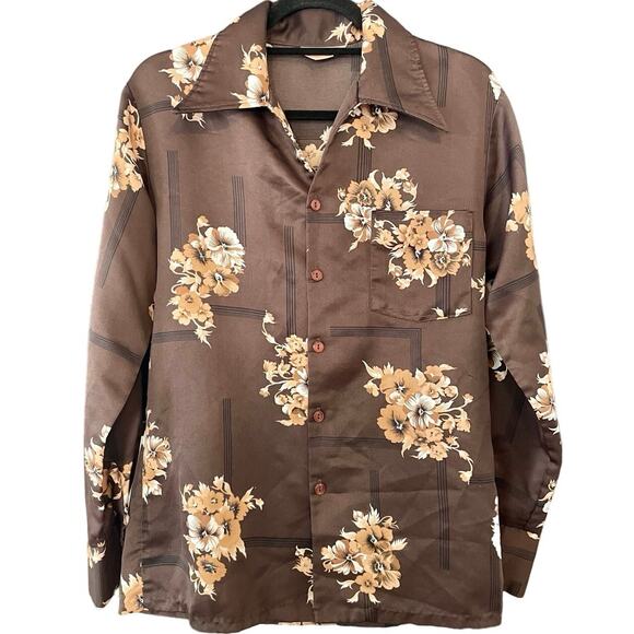 Vintage 70s Brown Floral Disco Button Down Long Sleeve Shirt Adult Medium - Picture 1 of 3